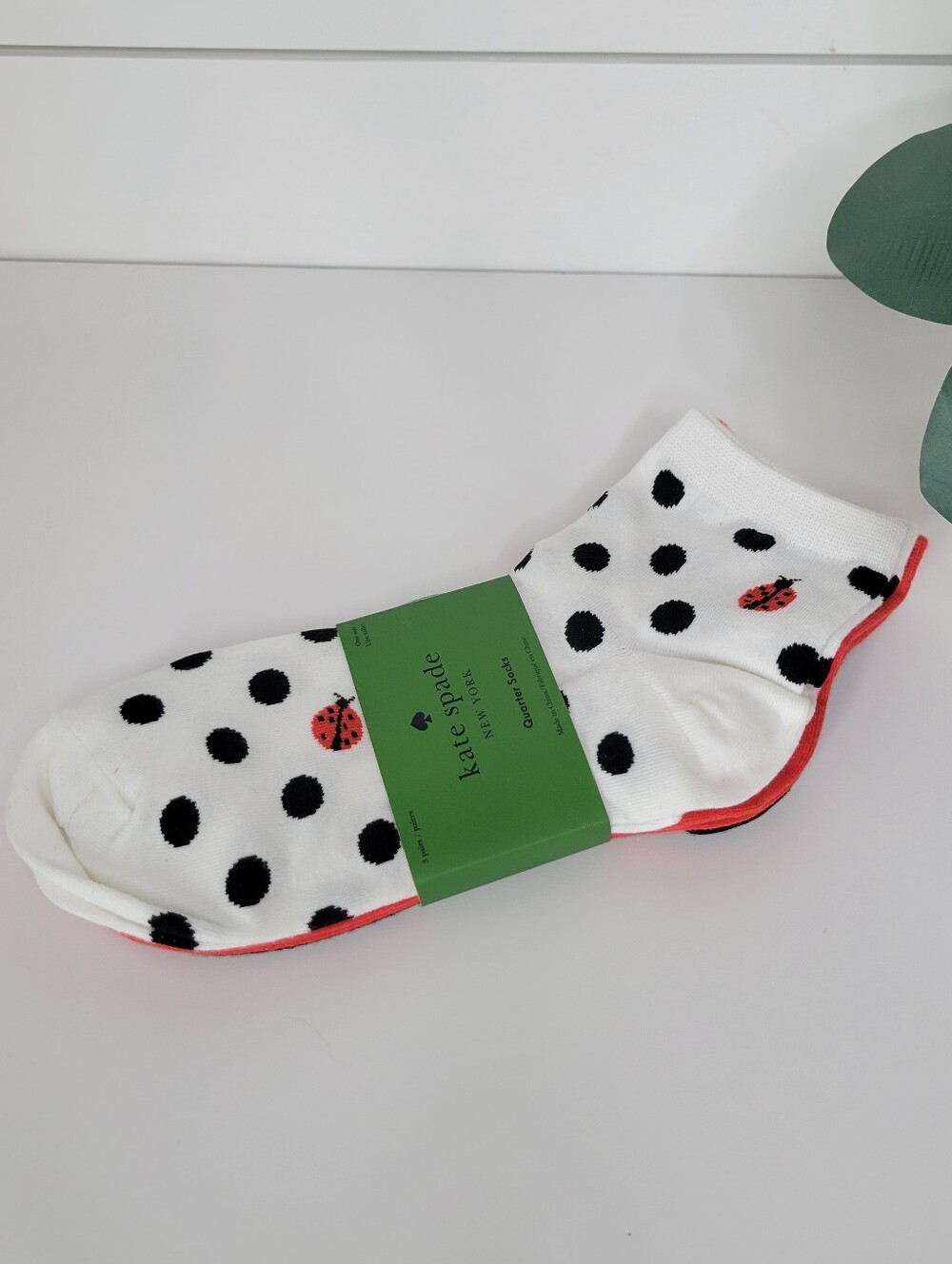 Kate Spade Ladybug White Crew Socks, Solid Red & Black 3 pairs